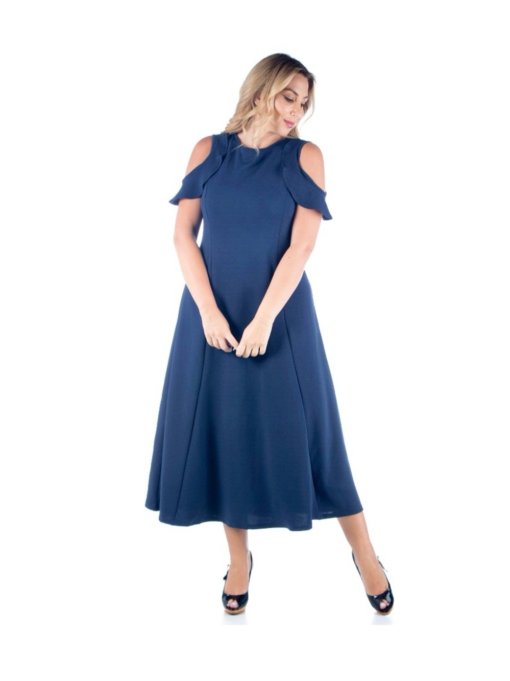 24seven Comfort Apparel Plus Size Ruffle Cold Shoulder A Line Maxi Dress Navy 1X